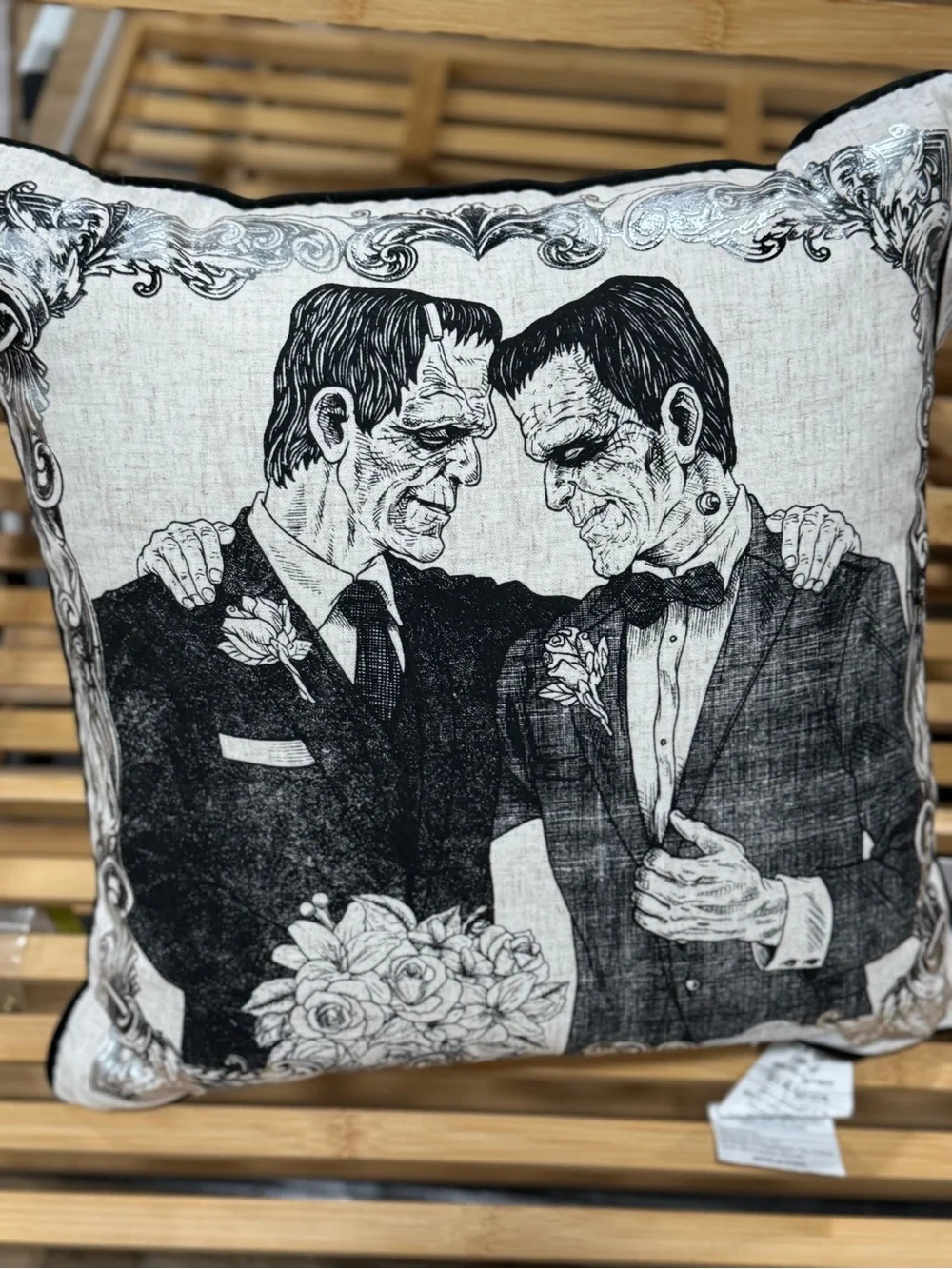 Isaac Mizrahi Black and Cream Gothic Frankenstein Grooms Decorative Pillow